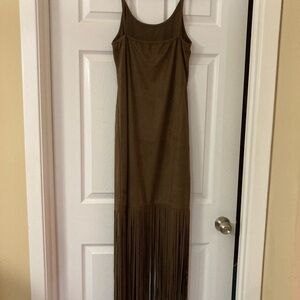 San Joy Brown Sleeveless Spaghetti Strap Maxi Dress w/ fringes